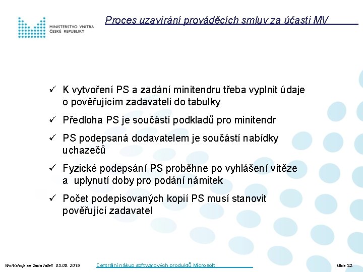 Proces uzavírání prováděcích smluv za účasti MV ü K vytvoření PS a zadání minitendru