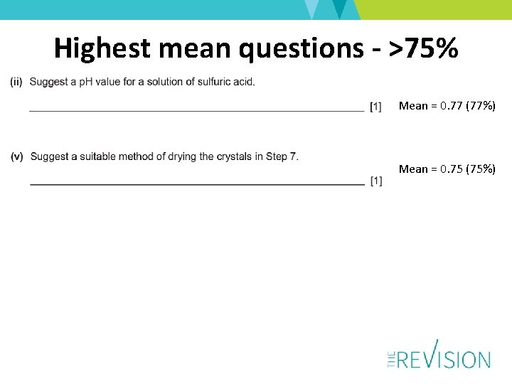 Highest mean questions - >75% Mean = 0. 77 (77%) Mean = 0. 75