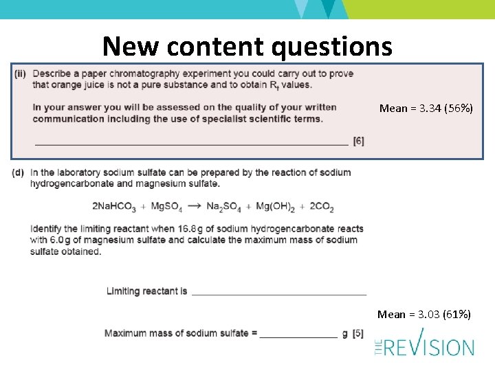 New content questions Mean = 3. 34 (56%) Mean = 3. 03 (61%) 