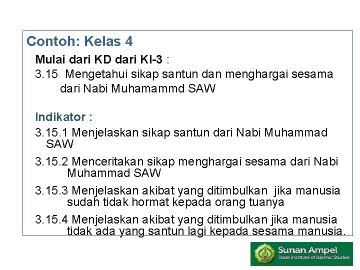 Contoh: Kelas 4 Mulai dari KD dari KI-3 : 3. 15 Mengetahui sikap santun