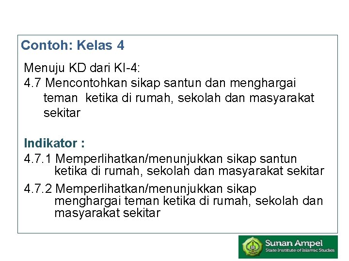 Contoh: Kelas 4 Menuju KD dari KI-4: 4. 7 Mencontohkan sikap santun dan menghargai