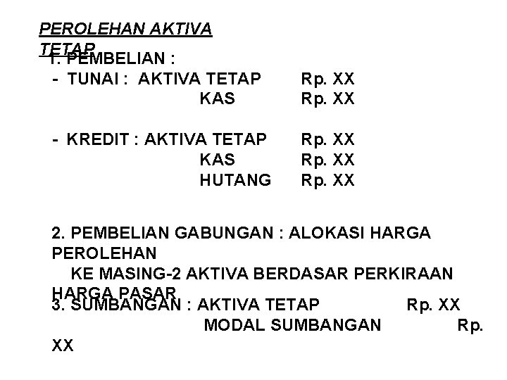 PEROLEHAN AKTIVA TETAP 1. PEMBELIAN : - TUNAI : AKTIVA TETAP KAS - KREDIT