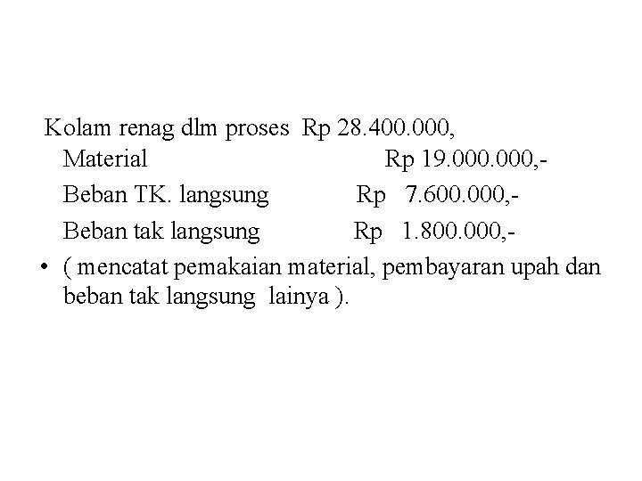 Kolam renag dlm proses Rp 28. 400. 000, Material Rp 19. 000, Beban TK.