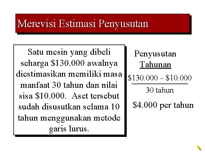 Merevisi Estimasi Penyusutan Satu mesin yang dibeli Penyusutan seharga $130. 000 awalnya Tahunan diestimasikan