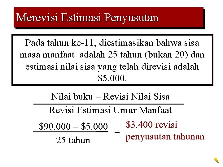 Merevisi Estimasi Penyusutan Pada tahun ke-11, diestimasikan bahwa sisa manfaat adalah 25 tahun (bukan