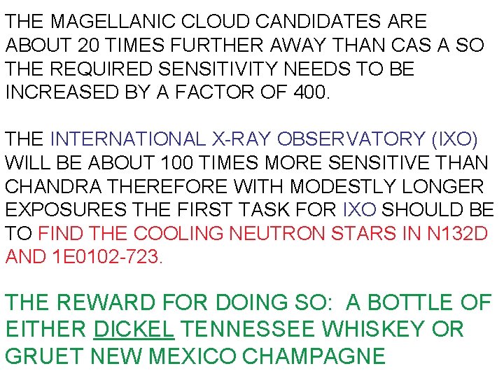 THE MAGELLANIC CLOUD CANDIDATES ARE ABOUT 20 TIMES FURTHER AWAY THAN CAS A SO