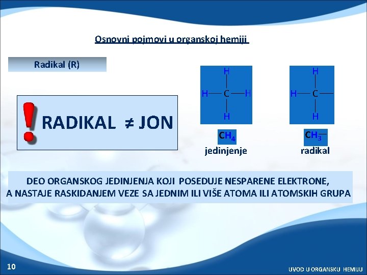 Osnovni pojmovi u organskoj hemiji Radikal (R) RADIKAL ≠ JON jedinjenje radikal DEO ORGANSKOG