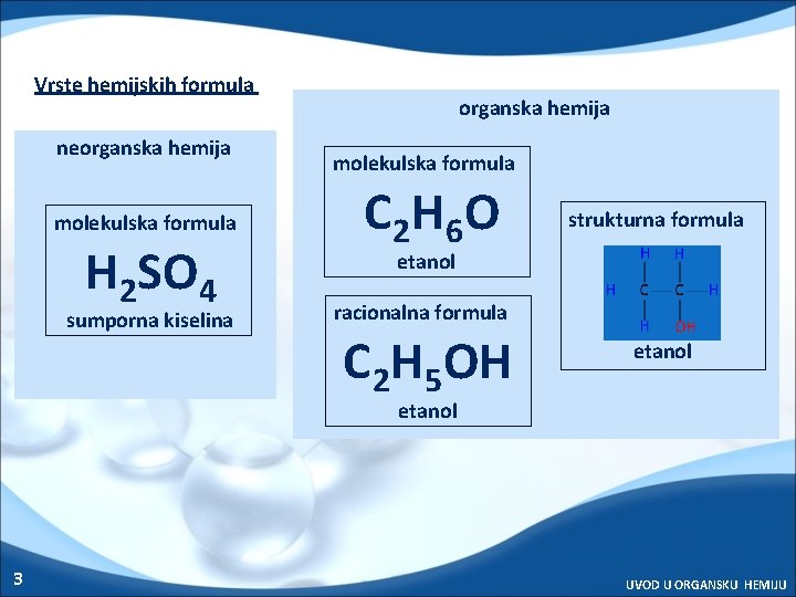 Vrste hemijskih formula neorganska hemija molekulska formula H 2 SO 4 sumporna kiselina organska