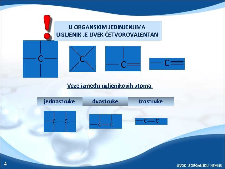 U ORGANSKIM JEDINJENJIMA UGLJENIK JE UVEK ČETVOROVALENTAN Veze između ugljenikovih atoma jednostruke 4 dvostruke