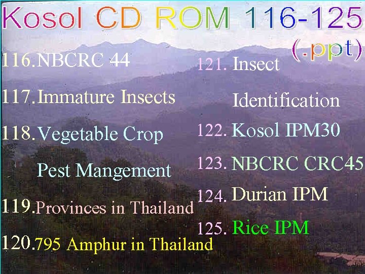 116. NBCRC 44 121. Insect 117. Immature Insects Identification 118. Vegetable Crop 122. Kosol