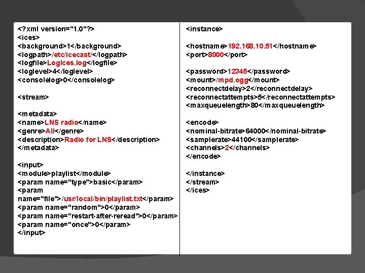 ICES INSTALLATION 2/2 <? xml version="1. 0"? > <ices> <background>1</background> <logpath>/etc/icecast/</logpath> <logfile>Log. Ices. log</logfile>