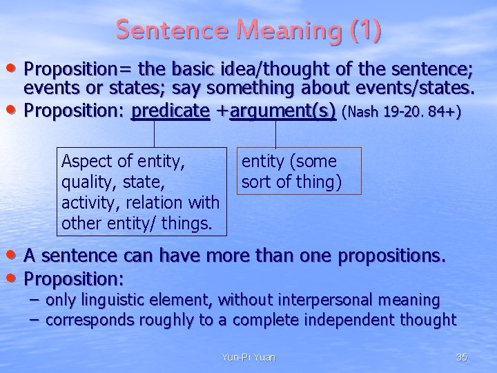 Sentence Meaning (1) • Proposition= the basic idea/thought of the sentence; • events or Sentence Meaning (1) • Proposition= the basic idea/thought of the sentence; • events or