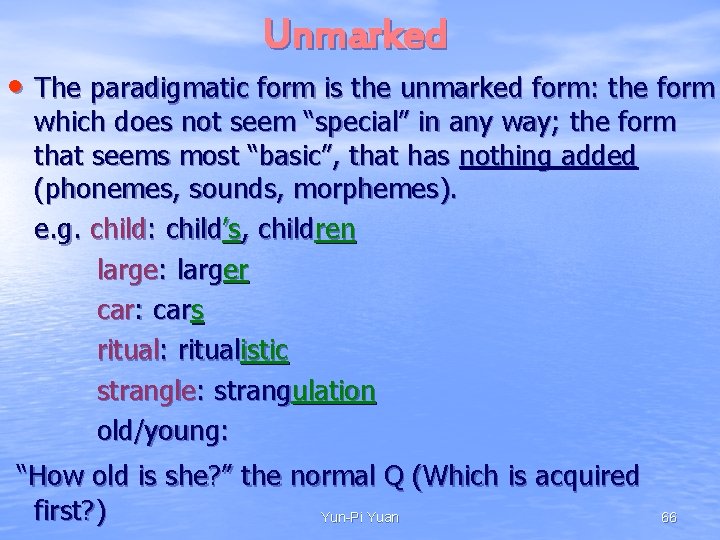 Unmarked • The paradigmatic form is the unmarked form: the form which does not