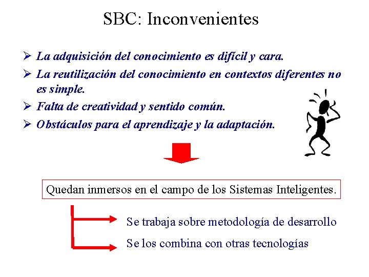 SBC: Inconvenientes Ø La adquisición del conocimiento es difícil y cara. Ø La reutilización
