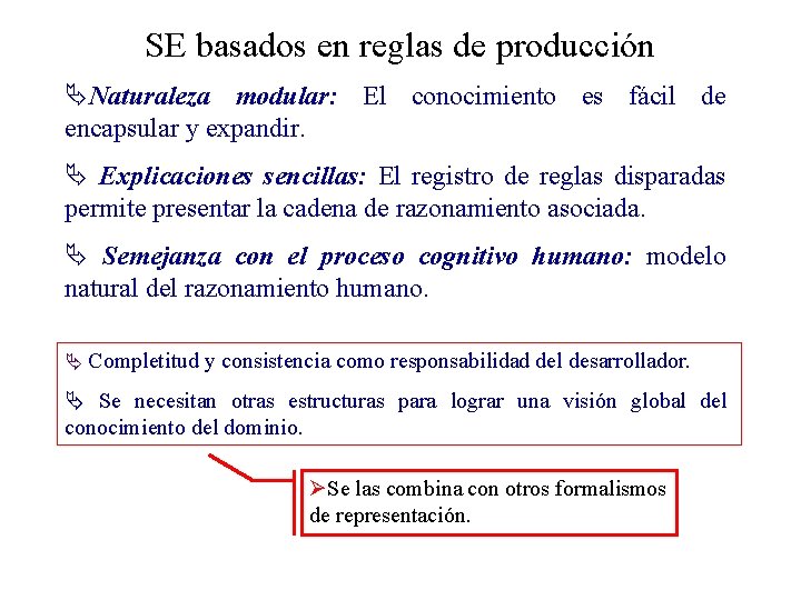 SE basados en reglas de producción Ventajas: ÄNaturaleza modular: El conocimiento es fácil de