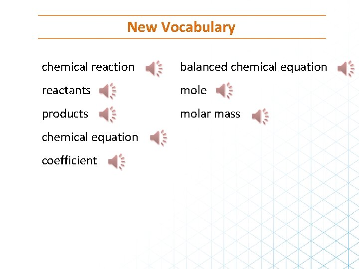 New Vocabulary chemical reaction balanced chemical equation reactants mole products molar mass chemical equation