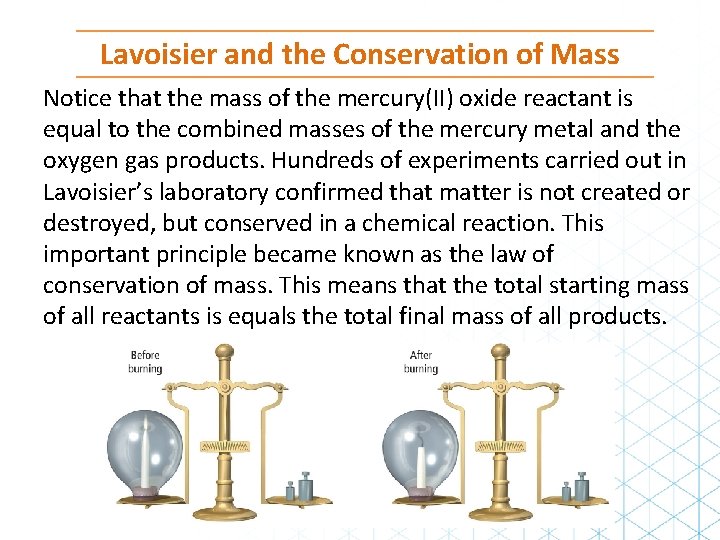 Lavoisier and the Conservation of Mass Notice that the mass of the mercury(II) oxide