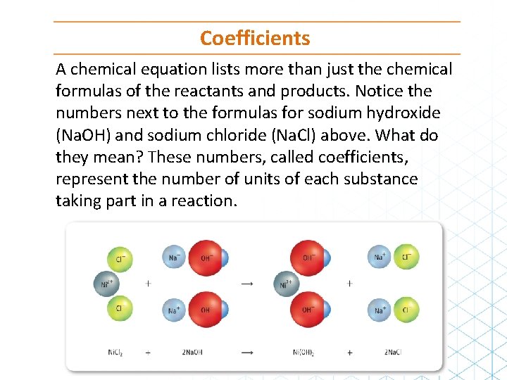 Coefficients A chemical equation lists more than just the chemical formulas of the reactants