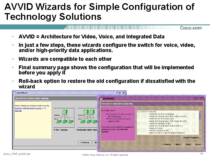 AVVID Wizards for Simple Configuration of Technology Solutions • AVVID = Architecture for Video,