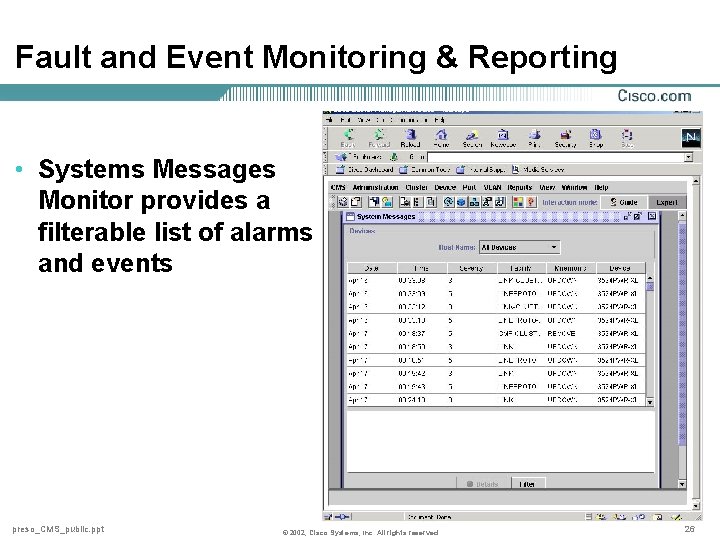 Fault and Event Monitoring & Reporting • Systems Messages Monitor provides a filterable list