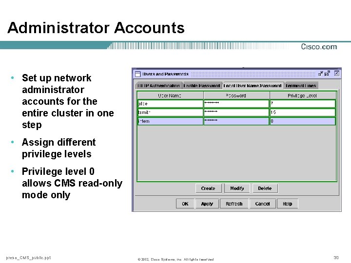 Administrator Accounts • Set up network administrator accounts for the entire cluster in one