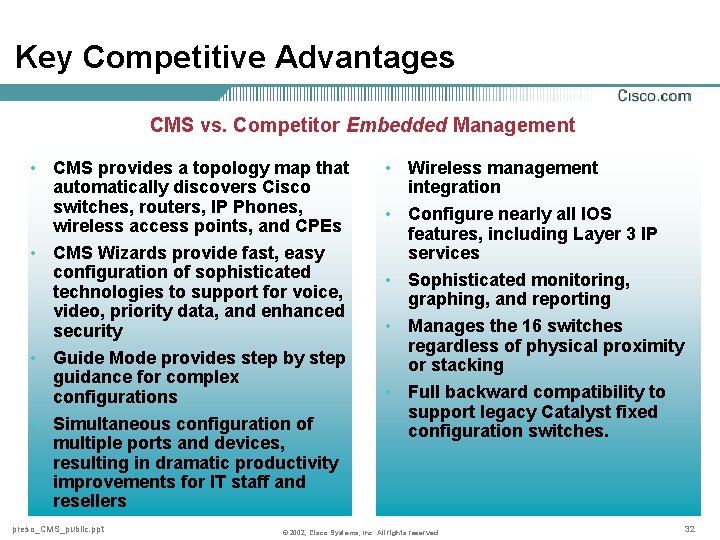 Key Competitive Advantages CMS vs. Competitor Embedded Management • CMS provides a topology map