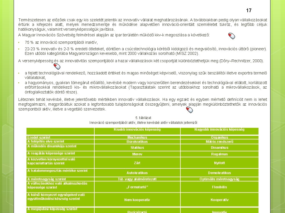 17 Természetesen az előzőek csak egy kis szeletét jelentik az innovatív vállalat meghatározásának. A