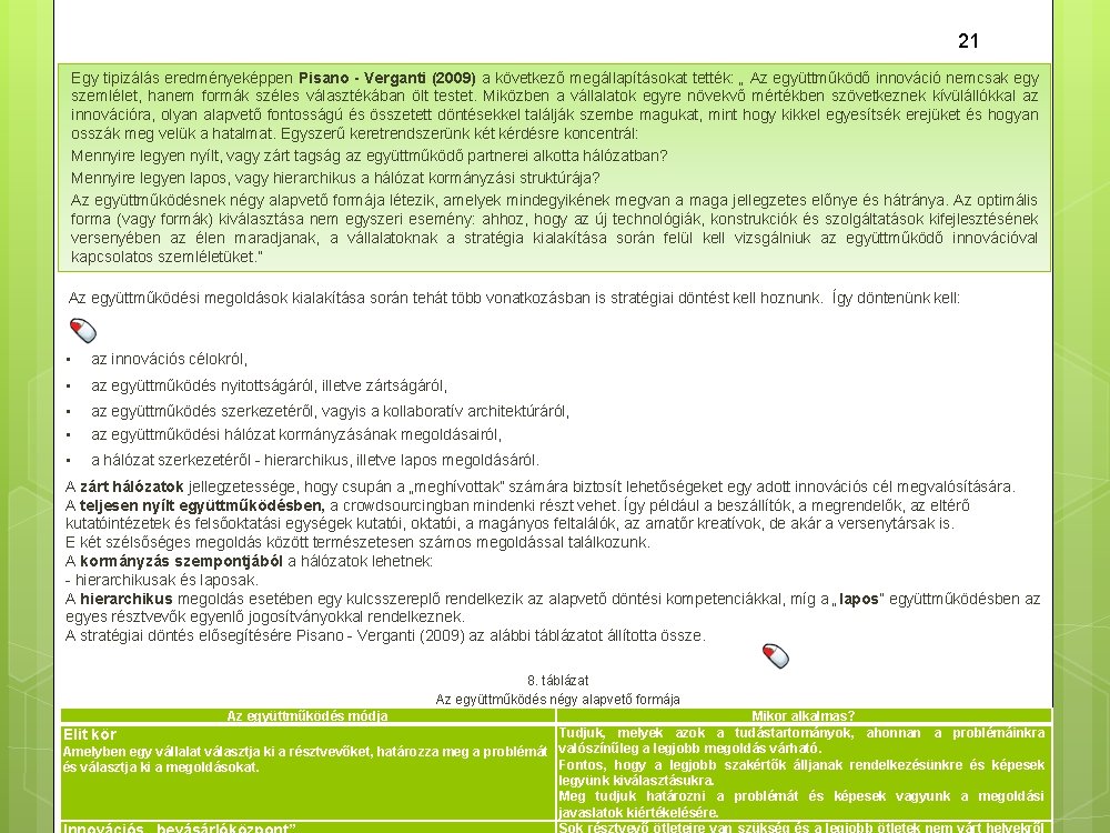 21 Egy tipizálás eredményeképpen Pisano - Verganti (2009) a következő megállapításokat tették: „ Az