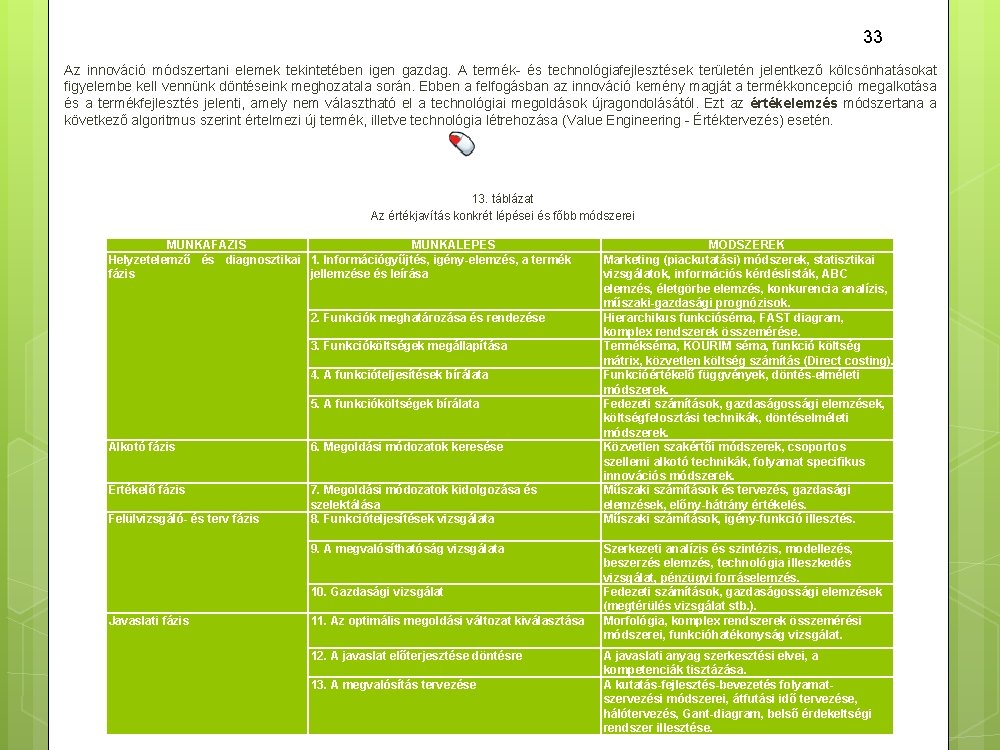 33 Az innováció módszertani elemek tekintetében igen gazdag. A termék és technológiafejlesztések területén jelentkező
