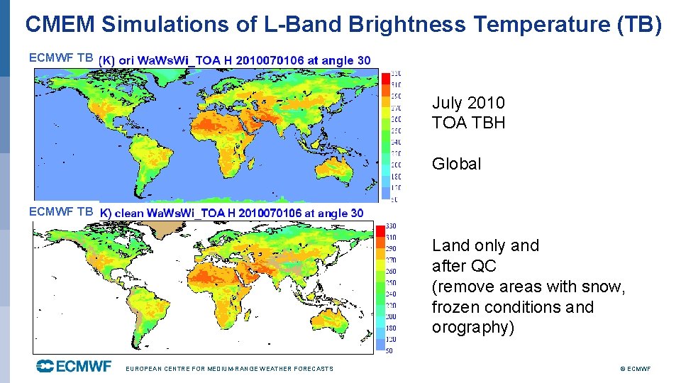 CMEM Simulations of L-Band Brightness Temperature (TB) ECMWF TB July 2010 TOA TBH Global