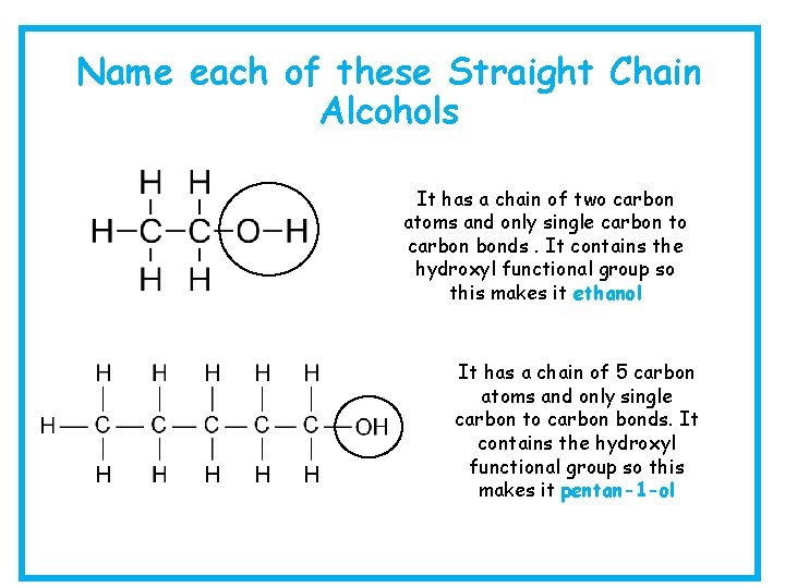 Name each of these Straight Chain Alcohols It has a chain of two carbon