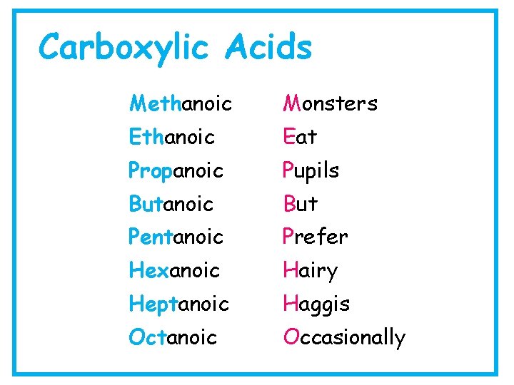 Carboxylic Acids Methanoic Monsters Ethanoic Eat Propanoic Pupils Butanoic But Pentanoic Prefer Hexanoic Hairy