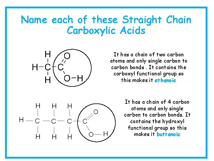 Name each of these Straight Chain Carboxylic Acids It has a chain of two