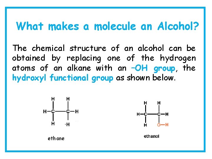 What makes a molecule an Alcohol? The chemical structure of an alcohol can be