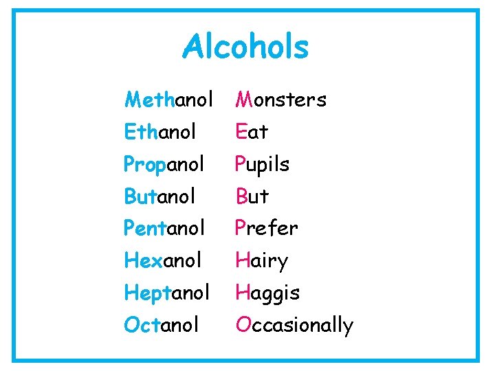 Alcohols Methanol Monsters Ethanol Eat Propanol Pupils Butanol But Pentanol Prefer Hexanol Hairy Heptanol