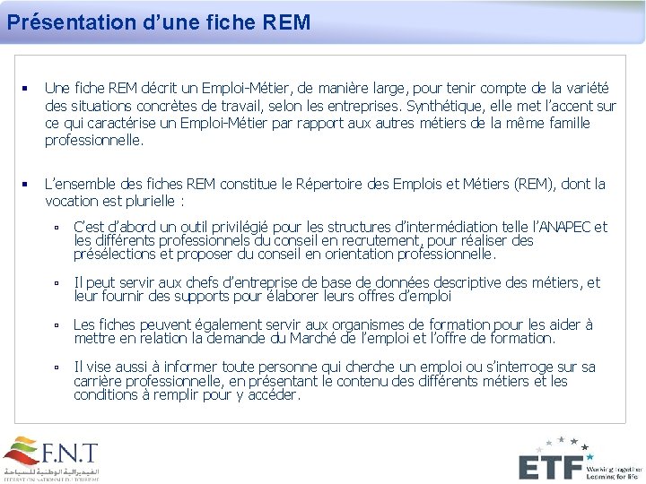 Présentation d’une fiche REM § Une fiche REM décrit un Emploi-Métier, de manière large,