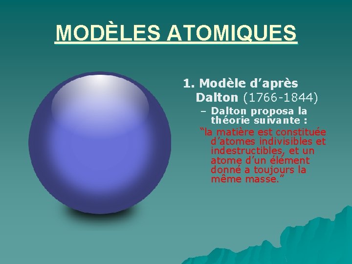 MODÈLES ATOMIQUES 1. Modèle d’après Dalton (1766 -1844) – Dalton proposa la théorie suivante