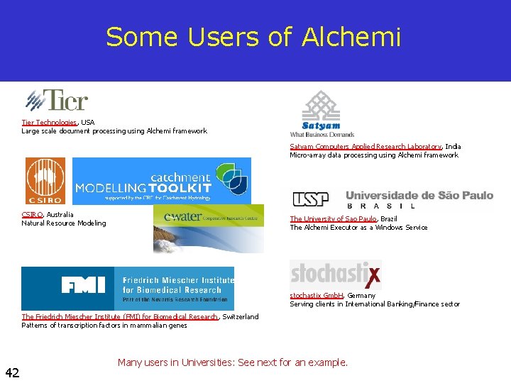 Some Users of Alchemi Tier Technologies, USA Large scale document processing using Alchemi framework
