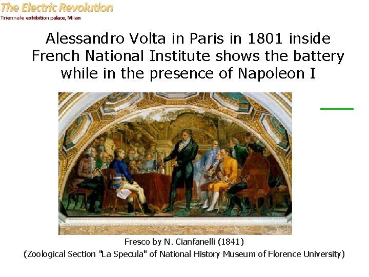 Alessandro Volta in Paris in 1801 inside French National Institute shows the battery while