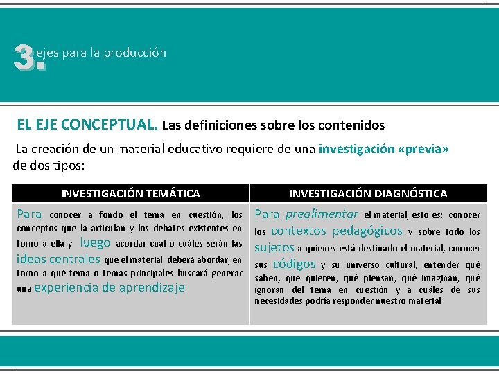 3. ejes para la producción EL EJE CONCEPTUAL. Las definiciones sobre los contenidos La