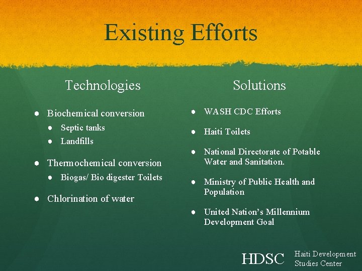 Existing Efforts Technologies ● Biochemical conversion ● Septic tanks ● Landfills ● Thermochemical conversion Existing Efforts Technologies ● Biochemical conversion ● Septic tanks ● Landfills ● Thermochemical conversion