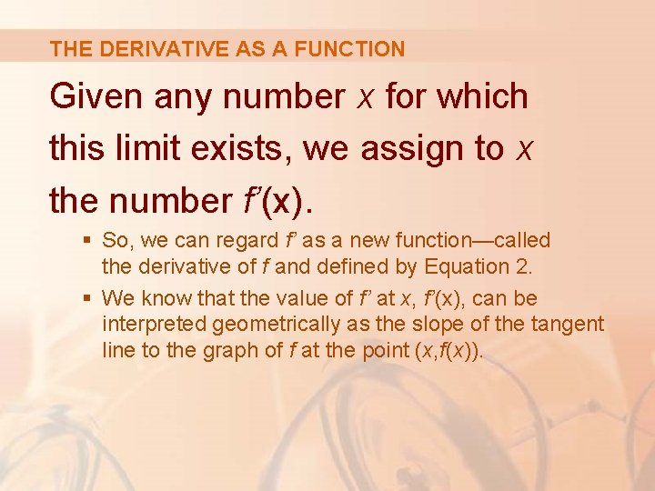 THE DERIVATIVE AS A FUNCTION Given any number x for which this limit exists,