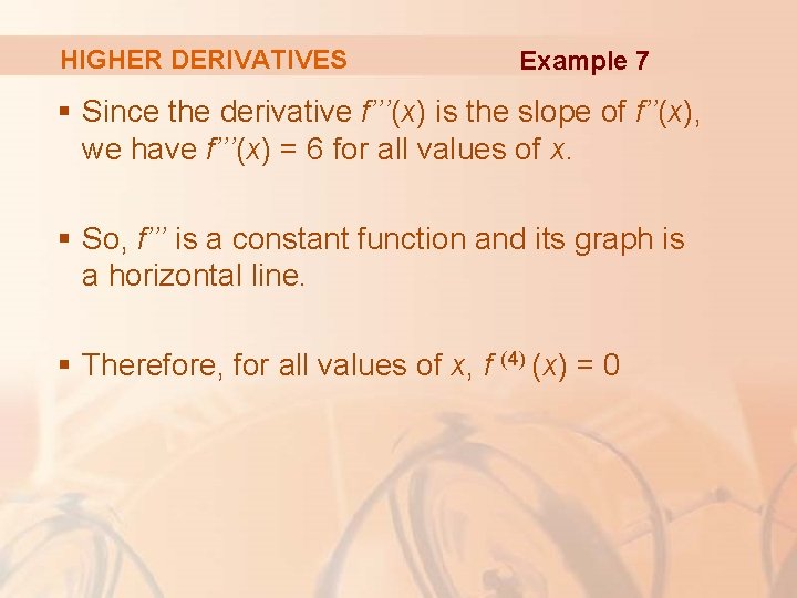 HIGHER DERIVATIVES Example 7 § Since the derivative f’’’(x) is the slope of f’’(x),