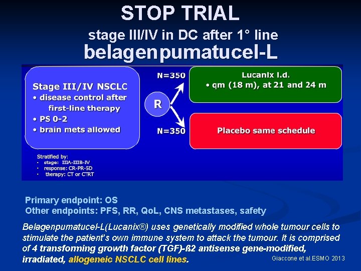 STOP TRIAL stage III/IV in DC after 1° line belagenpumatucel-L Primary endpoint: OS Other