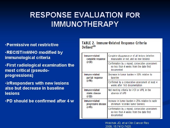 RESPONSE EVALUATION FOR IMMUNOTHERAPY • Permissive not restrictive • RECIST/m. WHO modified by immunological
