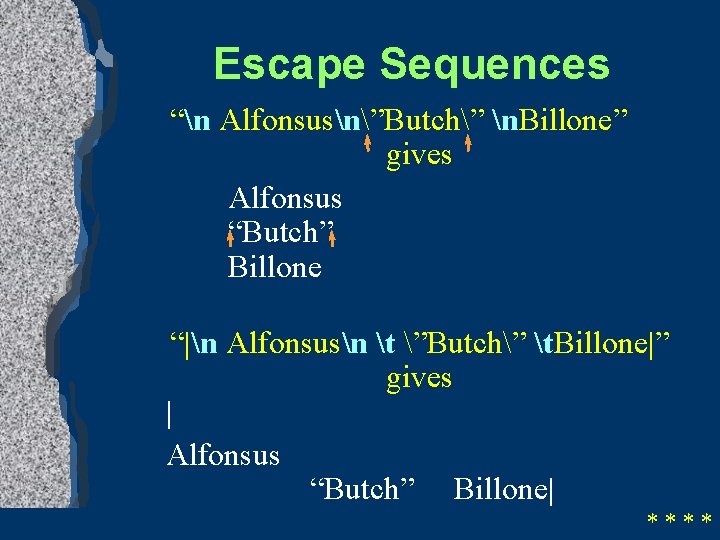 Escape Sequences “n Alfonsusn”Butch” n. Billone” gives Alfonsus “Butch” Billone “|n Alfonsusn t ”Butch”
