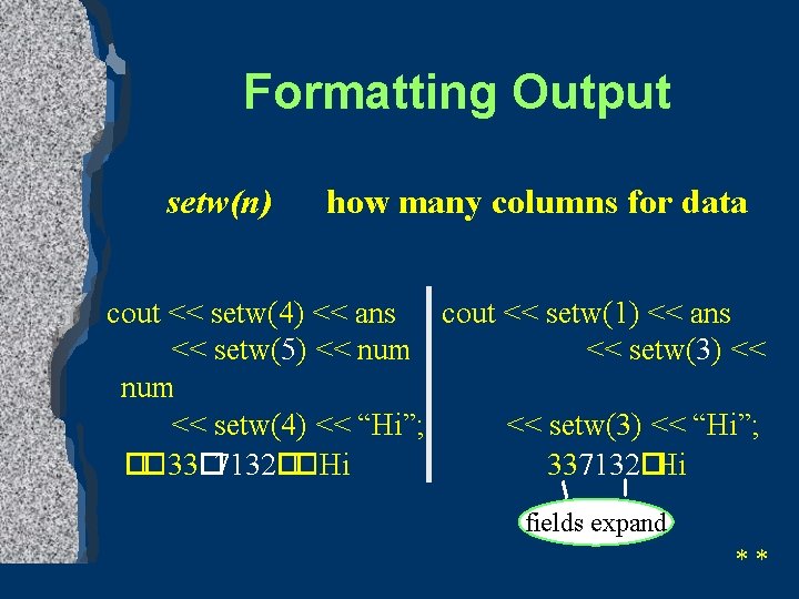 Formatting Output setw(n) how many columns for data cout << setw(4) << ans cout