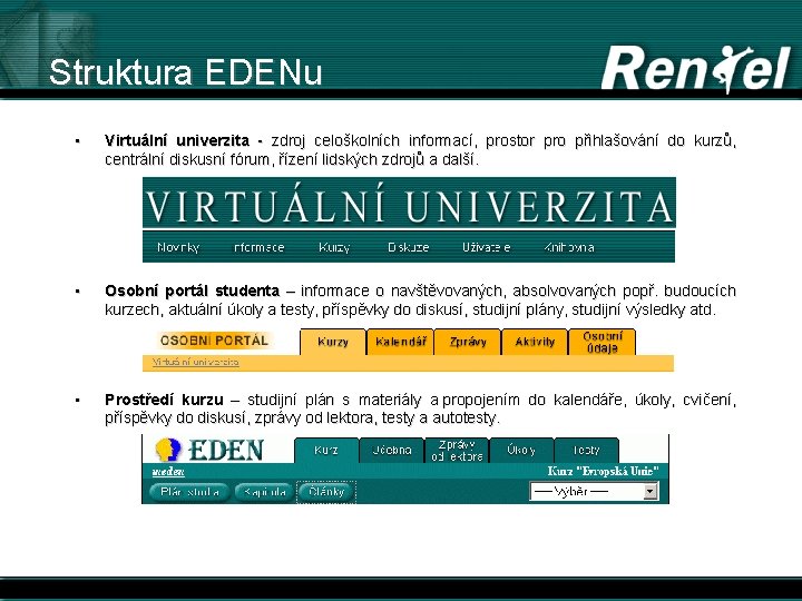 Struktura EDENu • Virtuální univerzita - zdroj celoškolních informací, prostor pro přihlašování do kurzů,