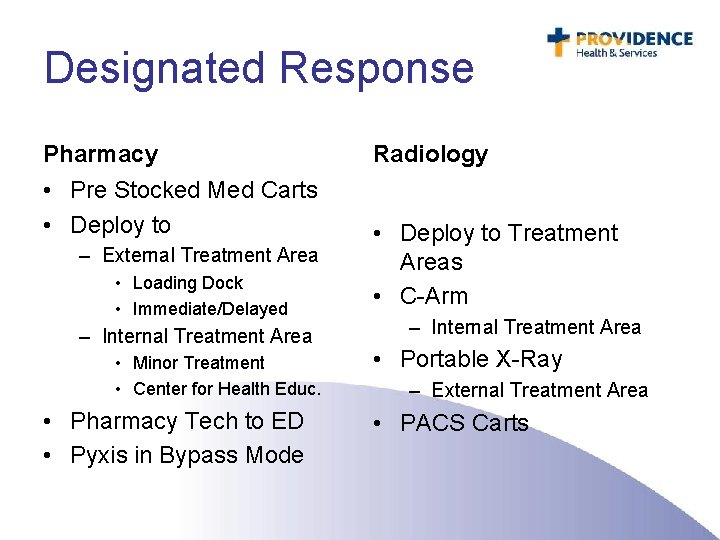 Designated Response Pharmacy • Pre Stocked Med Carts • Deploy to – External Treatment