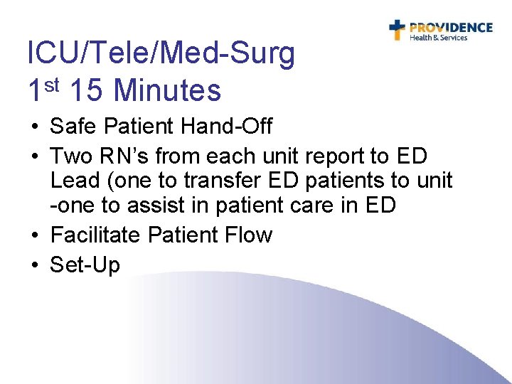 ICU/Tele/Med-Surg 1 st 15 Minutes • Safe Patient Hand-Off • Two RN’s from each